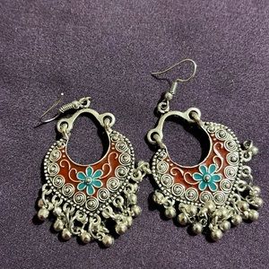 Silver and burgundy color dangle earrings